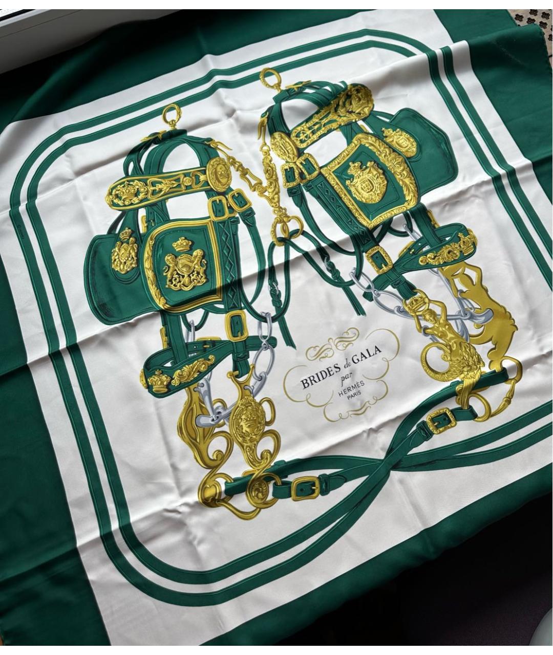 HERMES Зеленый шелковый платок, фото 6