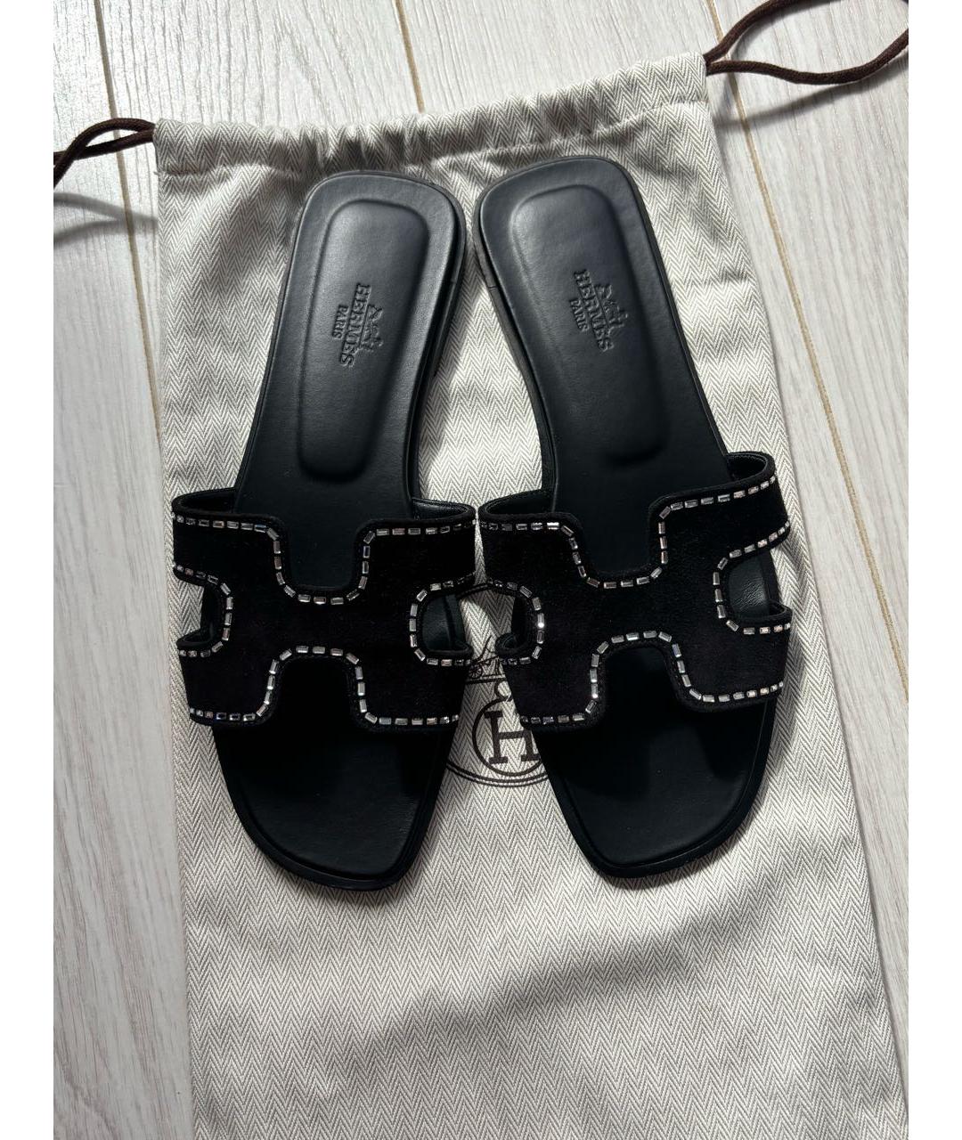HERMES Черные кожаные шлепанцы, фото 5