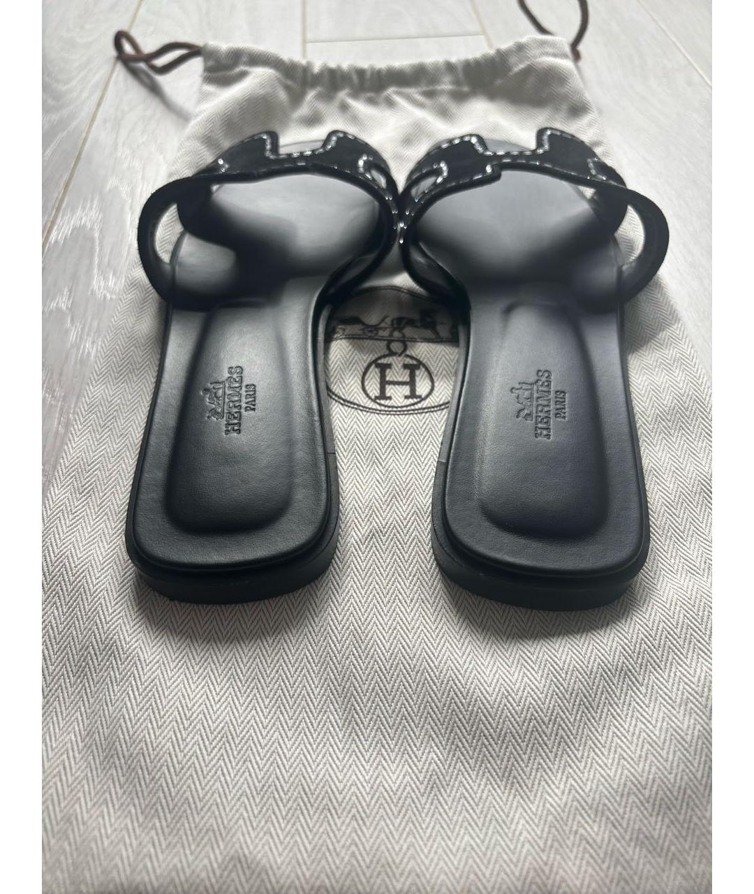 HERMES Черные кожаные шлепанцы, фото 3
