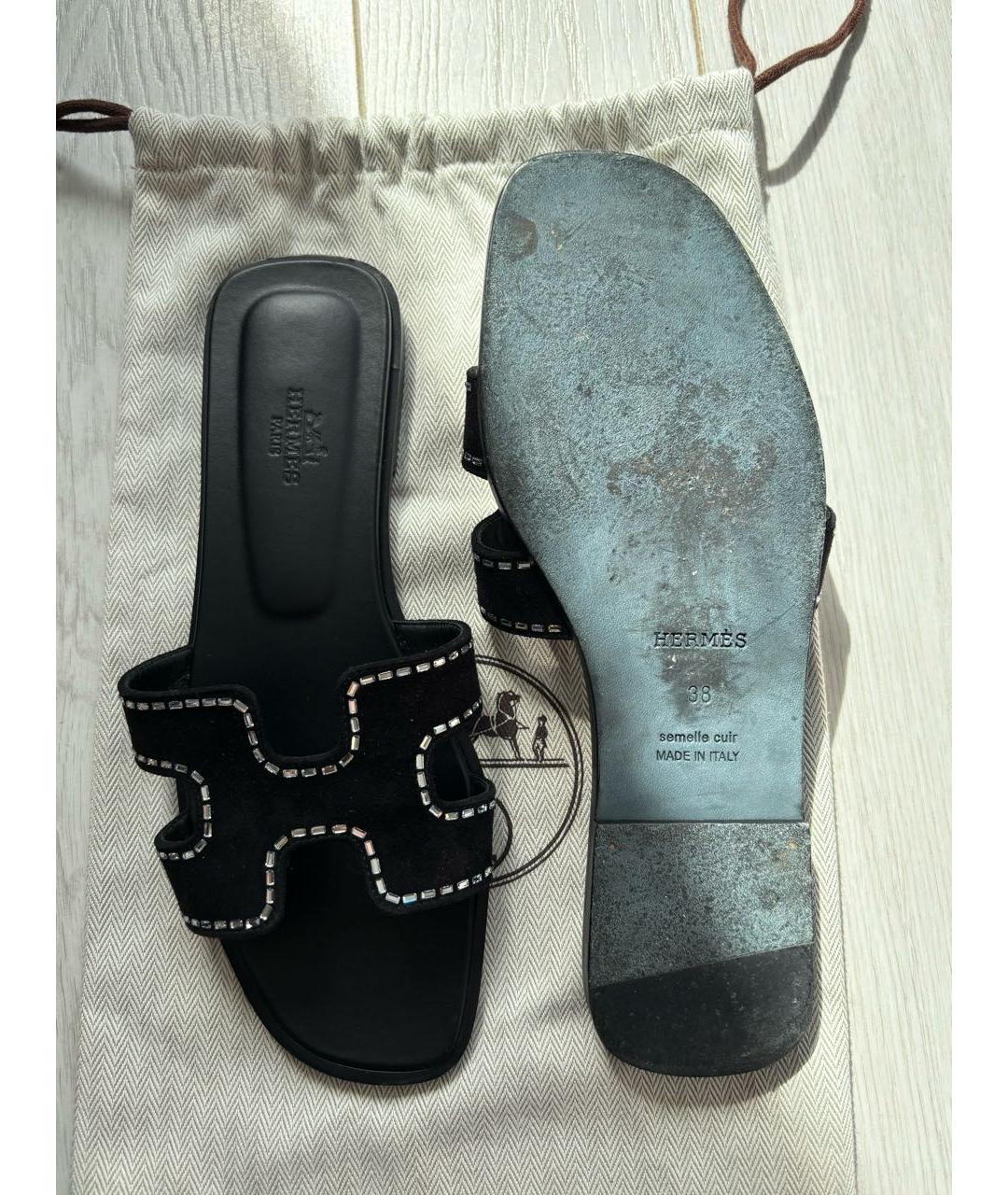 HERMES Черные кожаные шлепанцы, фото 2