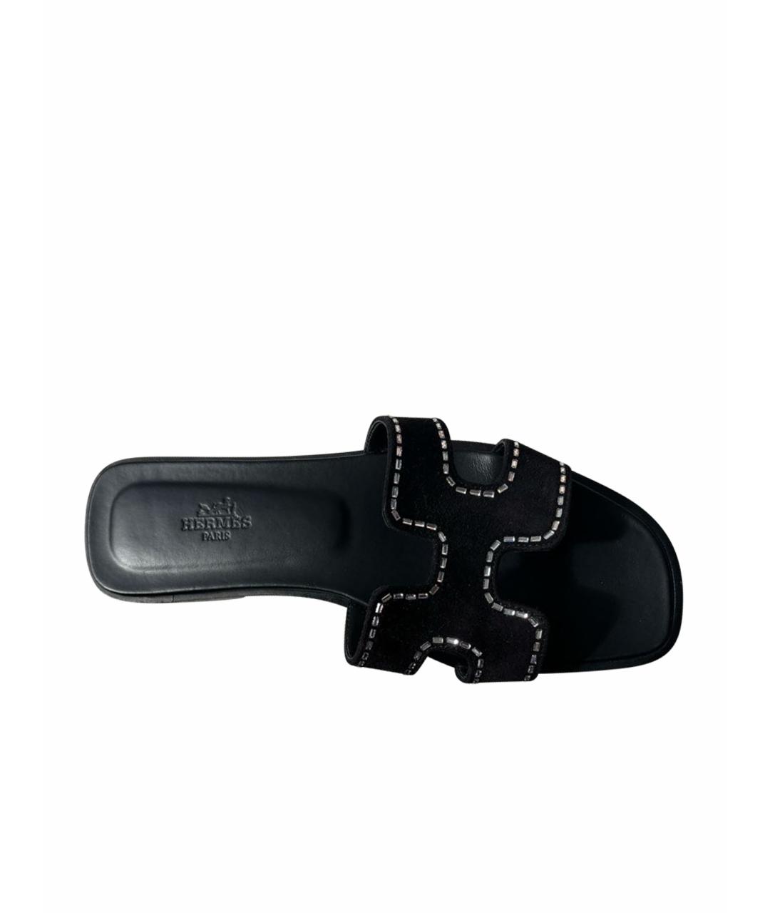 HERMES Черные кожаные шлепанцы, фото 1