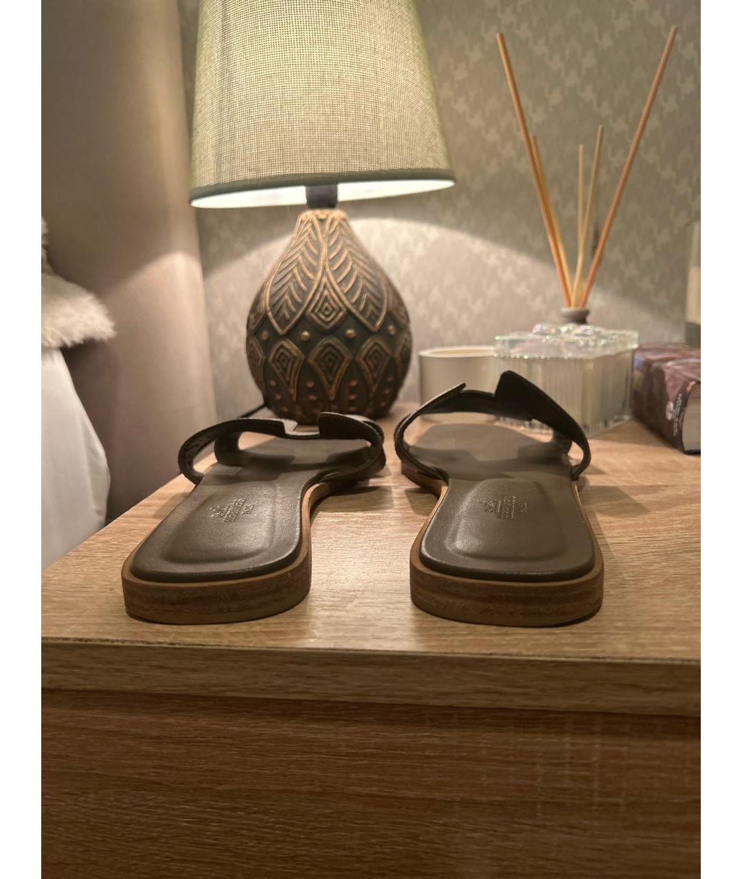 HERMES Коричневые кожаные шлепанцы, фото 4