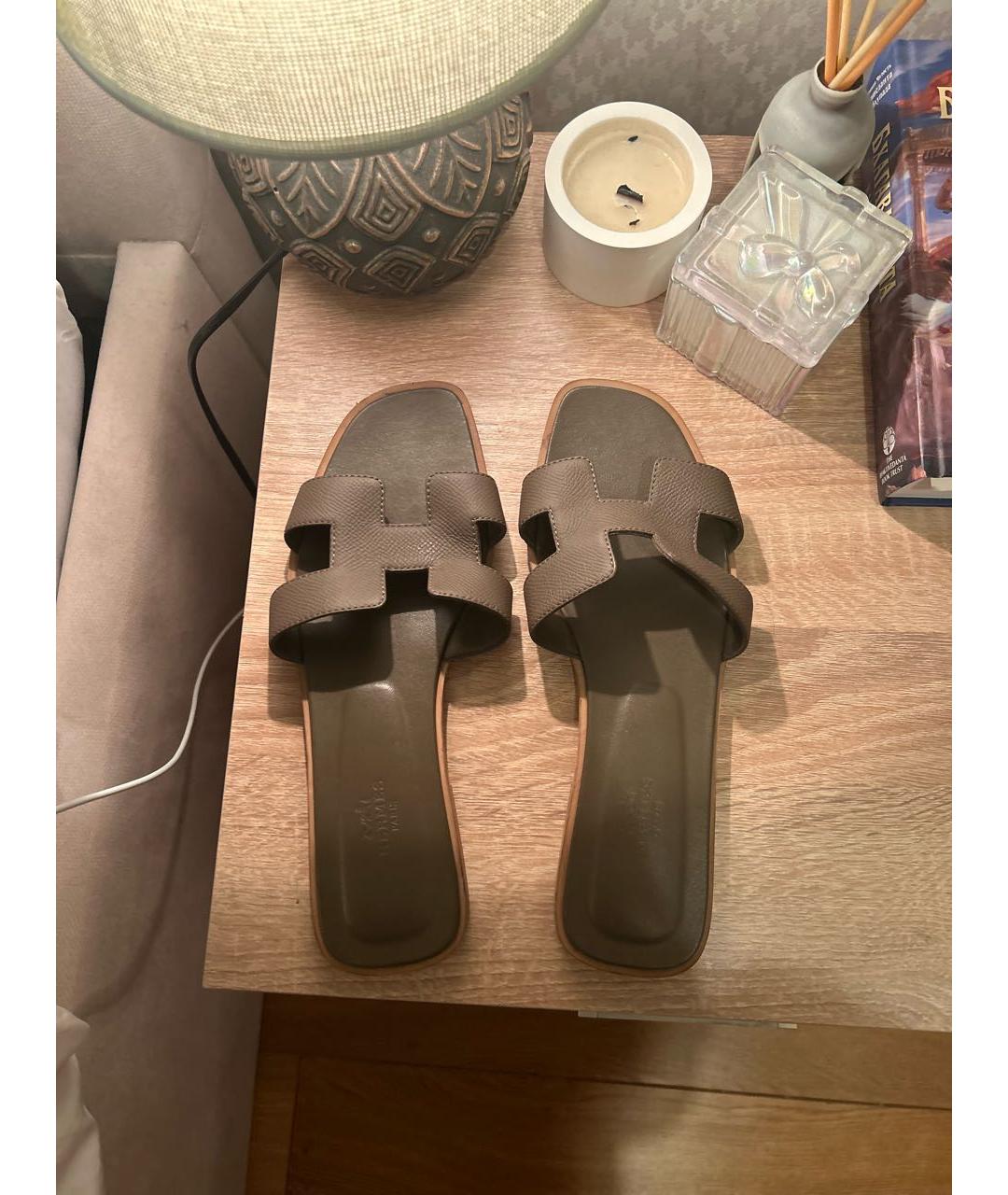 HERMES Коричневые кожаные шлепанцы, фото 3