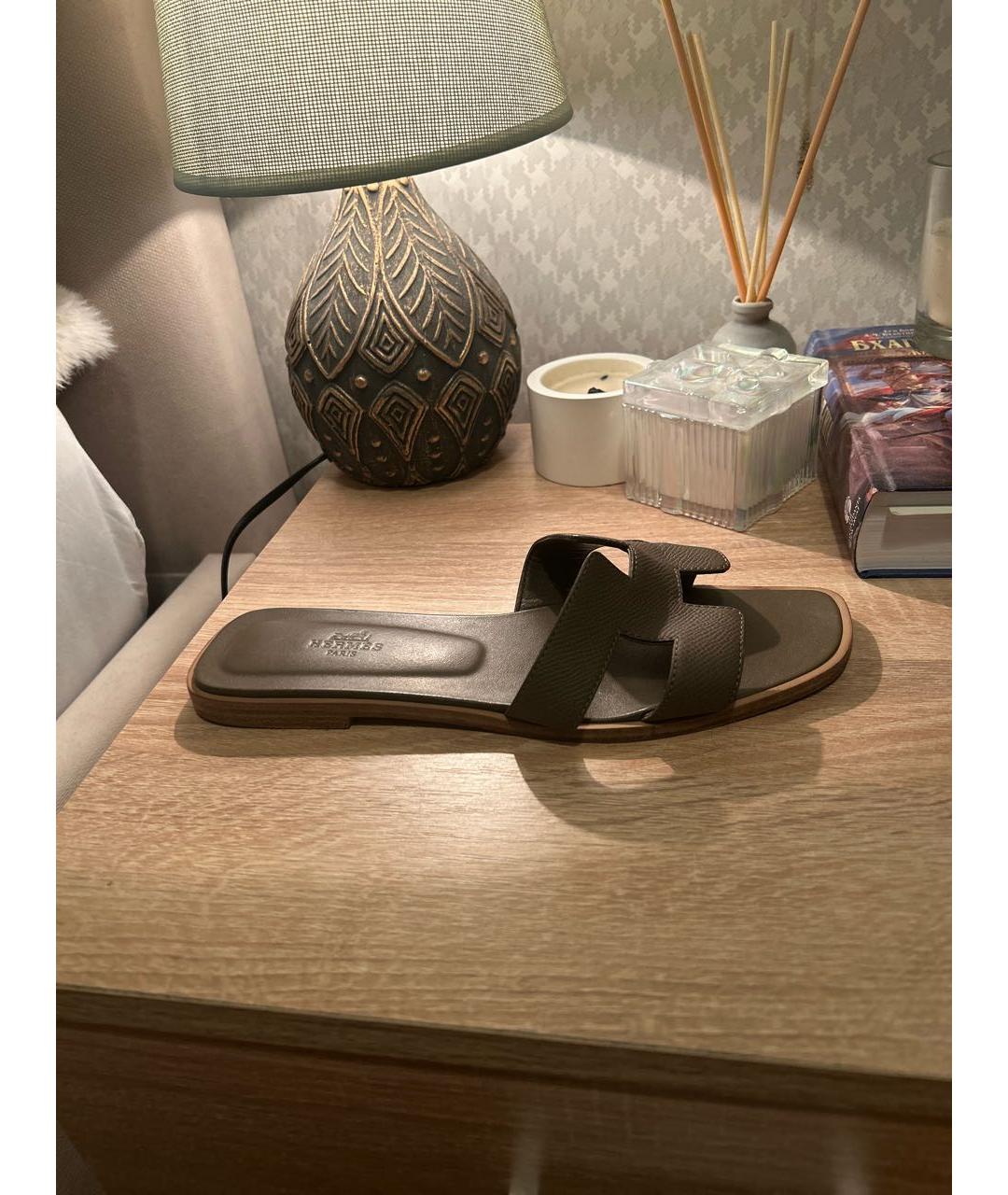 HERMES Коричневые кожаные шлепанцы, фото 5