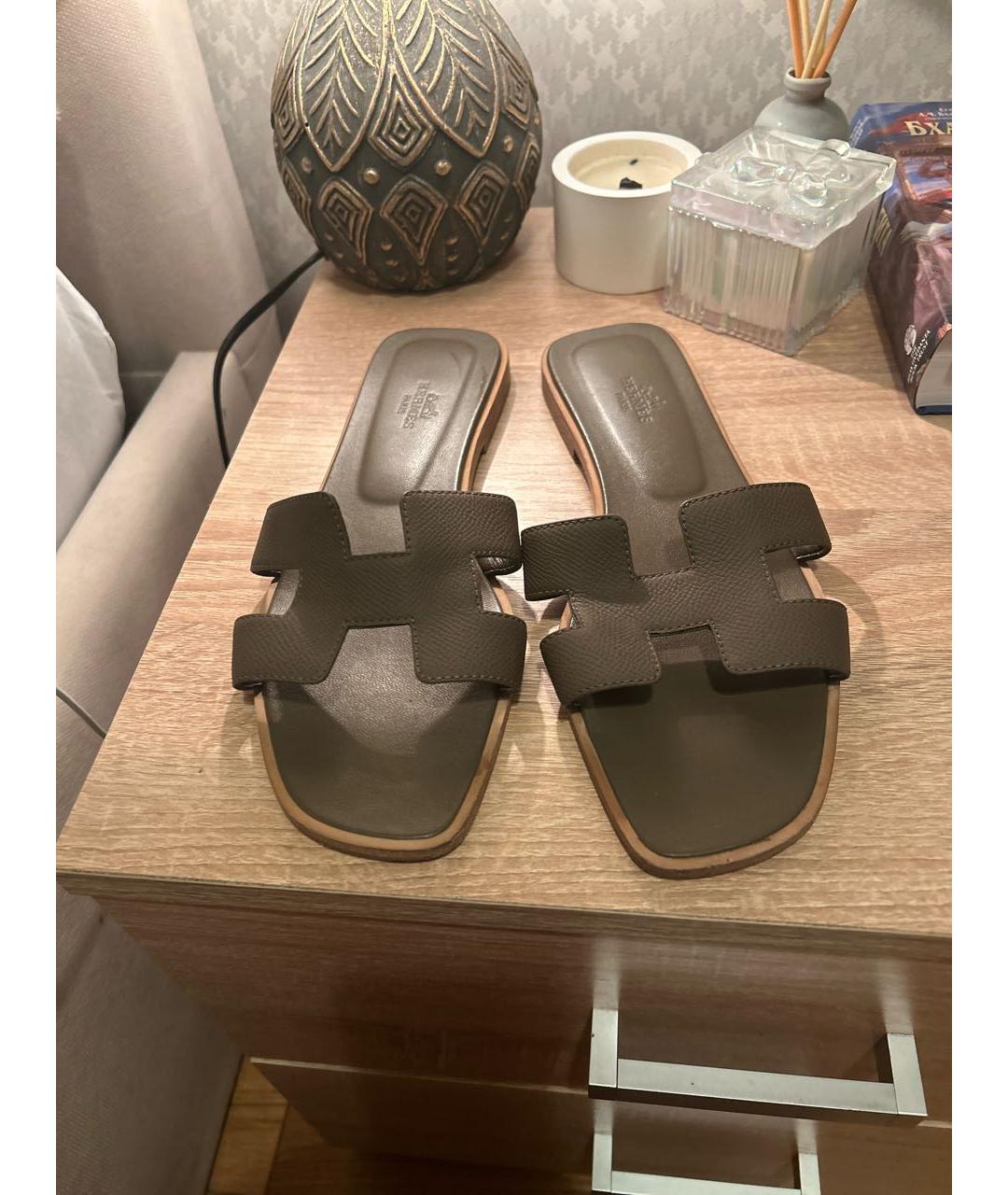 HERMES Коричневые кожаные шлепанцы, фото 2