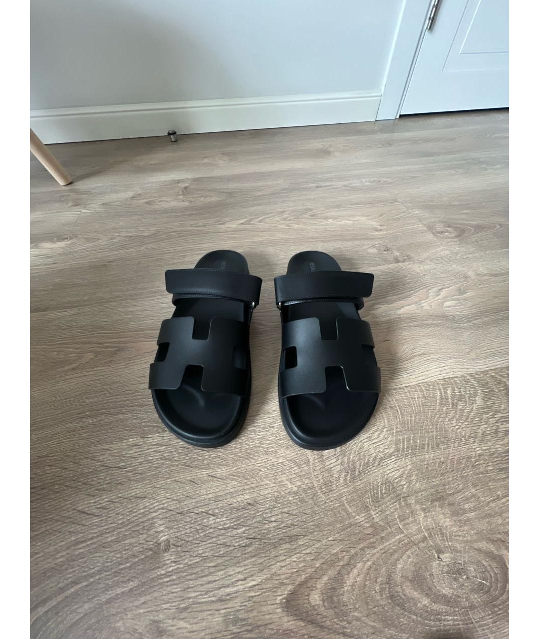 HERMES Черные кожаные шлепанцы, фото 2