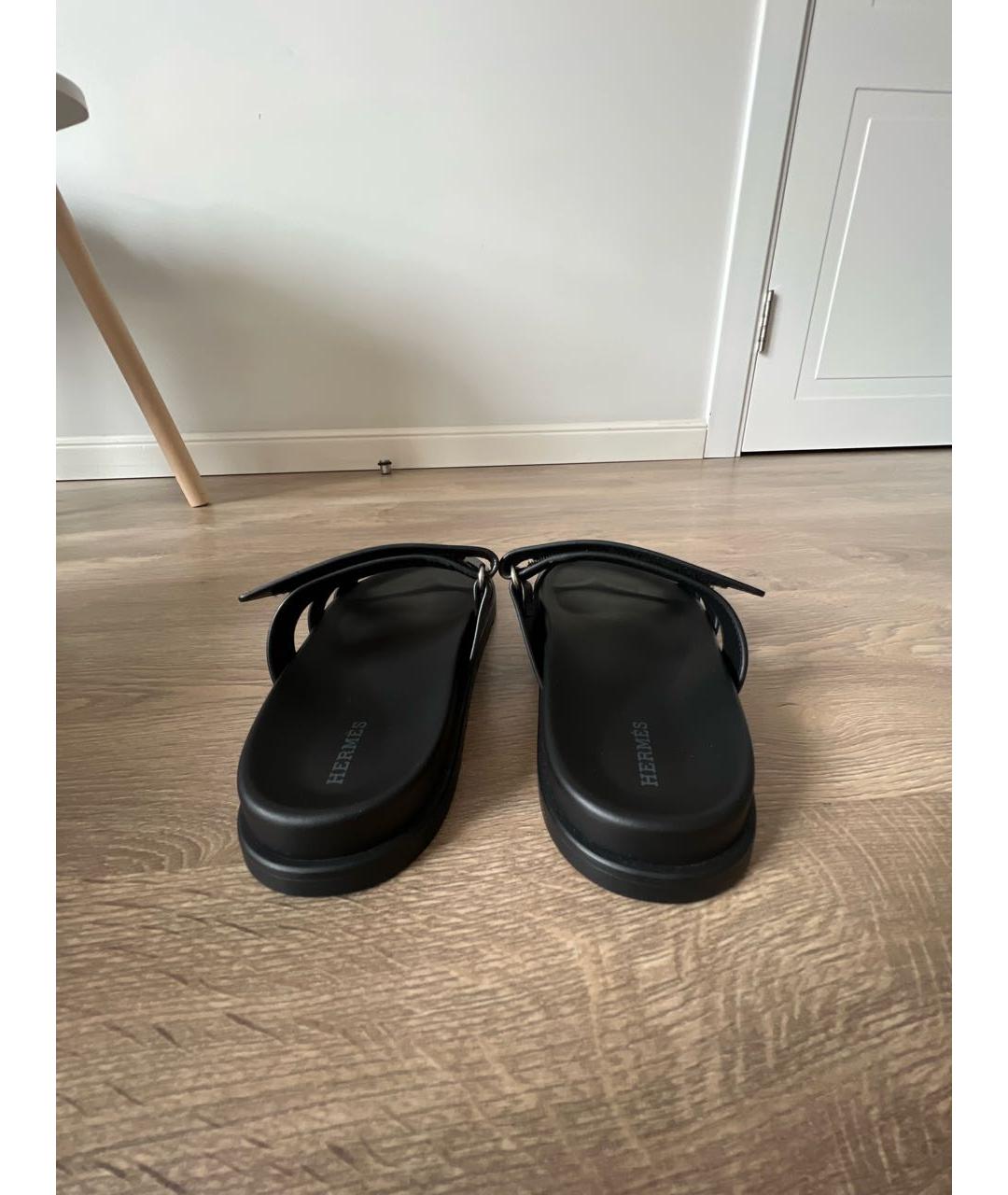HERMES Черные кожаные шлепанцы, фото 4