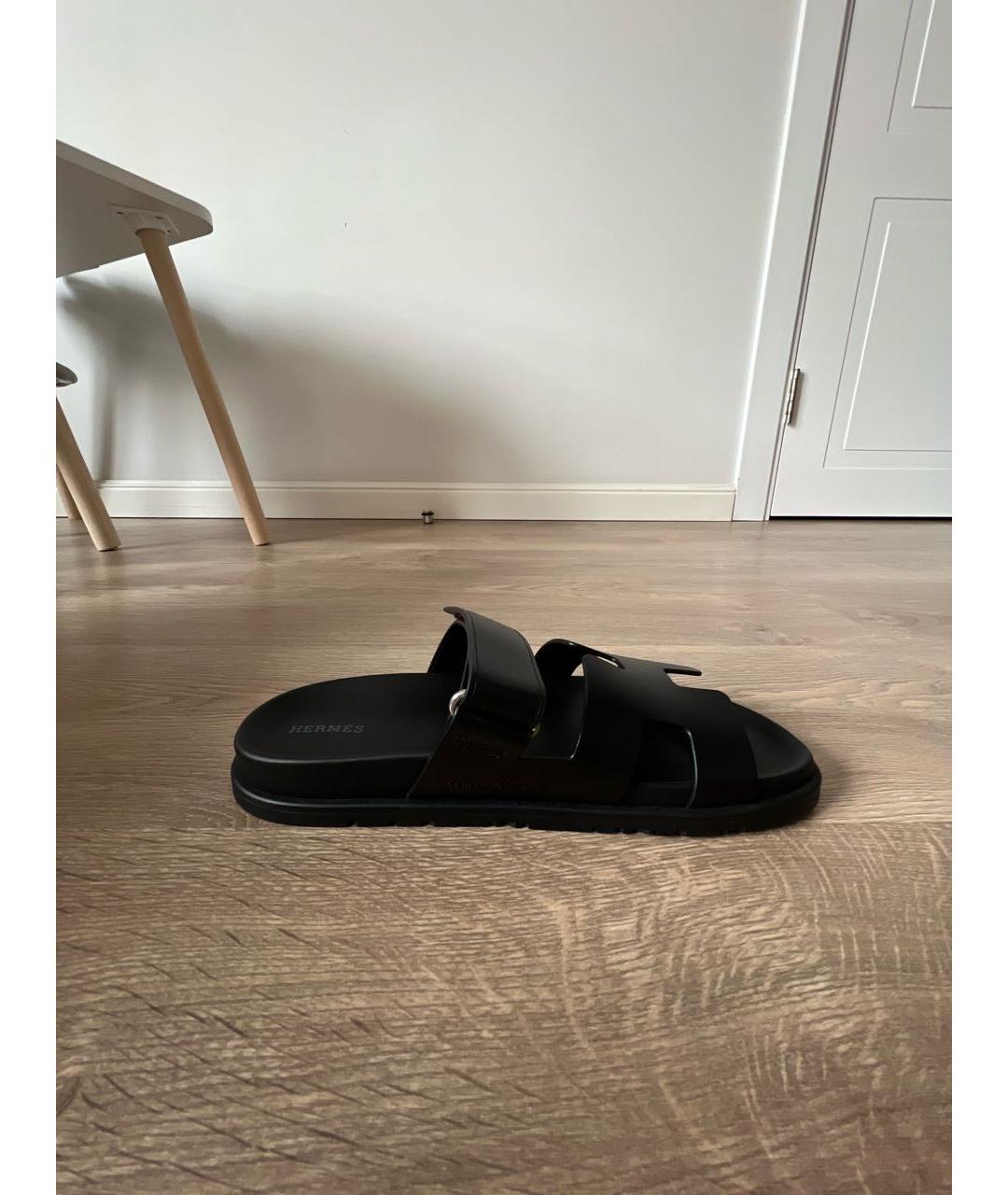 HERMES Черные кожаные шлепанцы, фото 8
