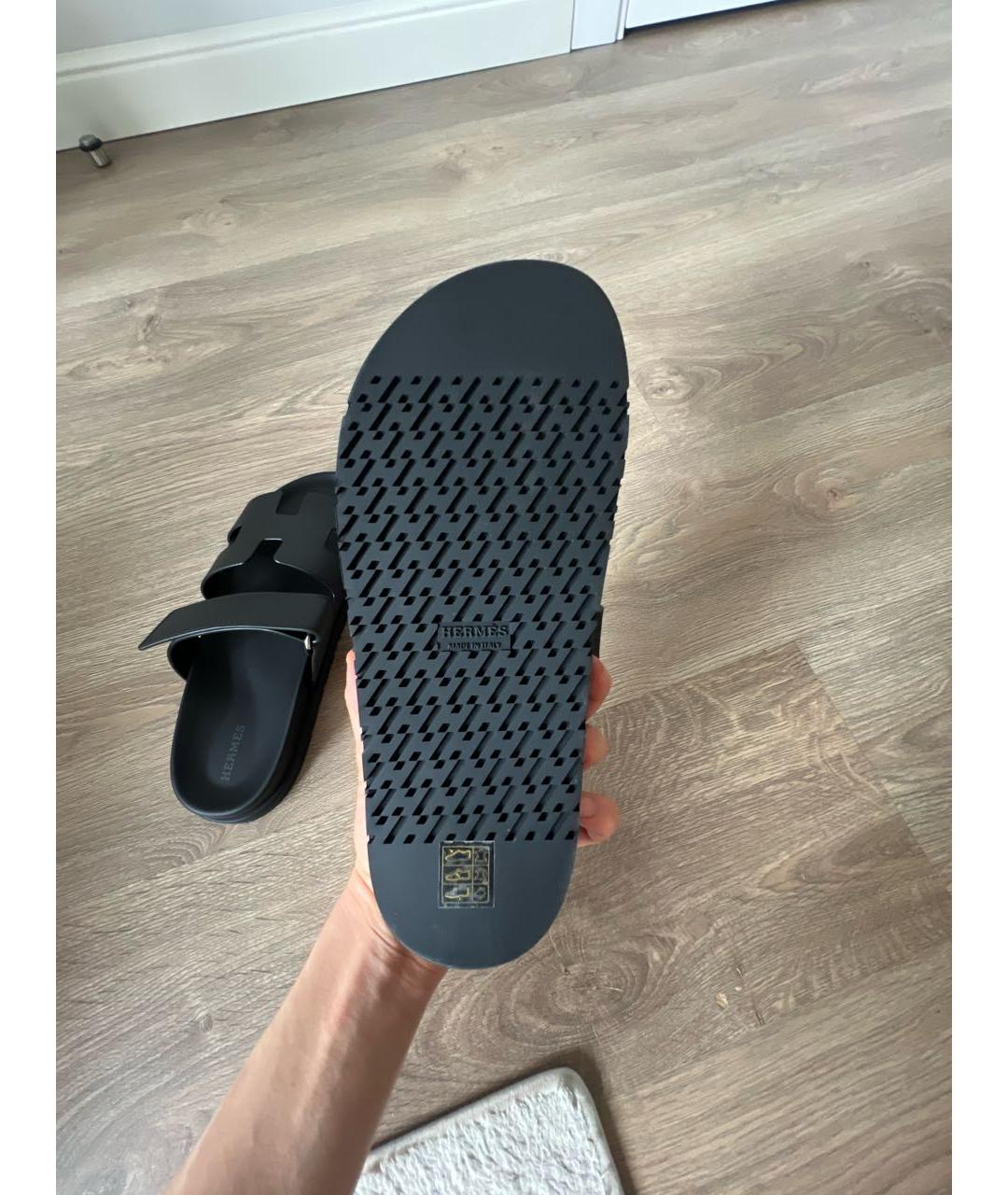 HERMES Черные кожаные шлепанцы, фото 6