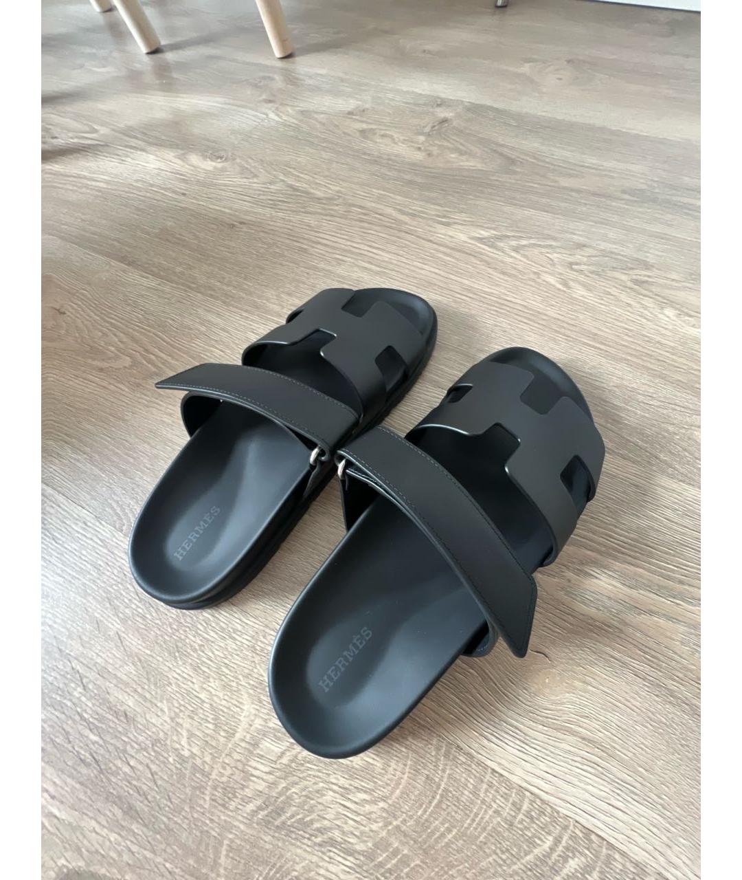 HERMES Черные кожаные шлепанцы, фото 5