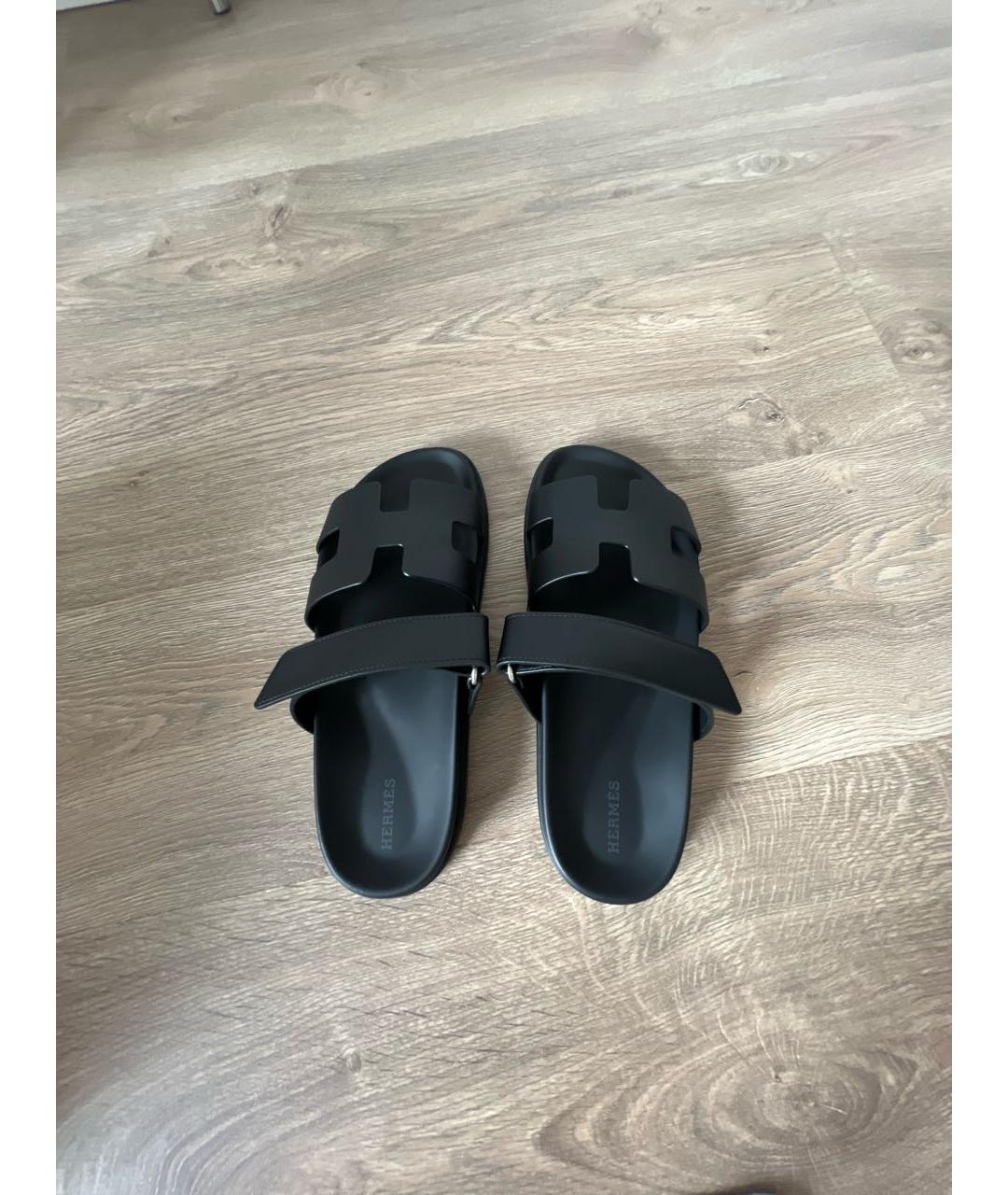 HERMES Черные кожаные шлепанцы, фото 3