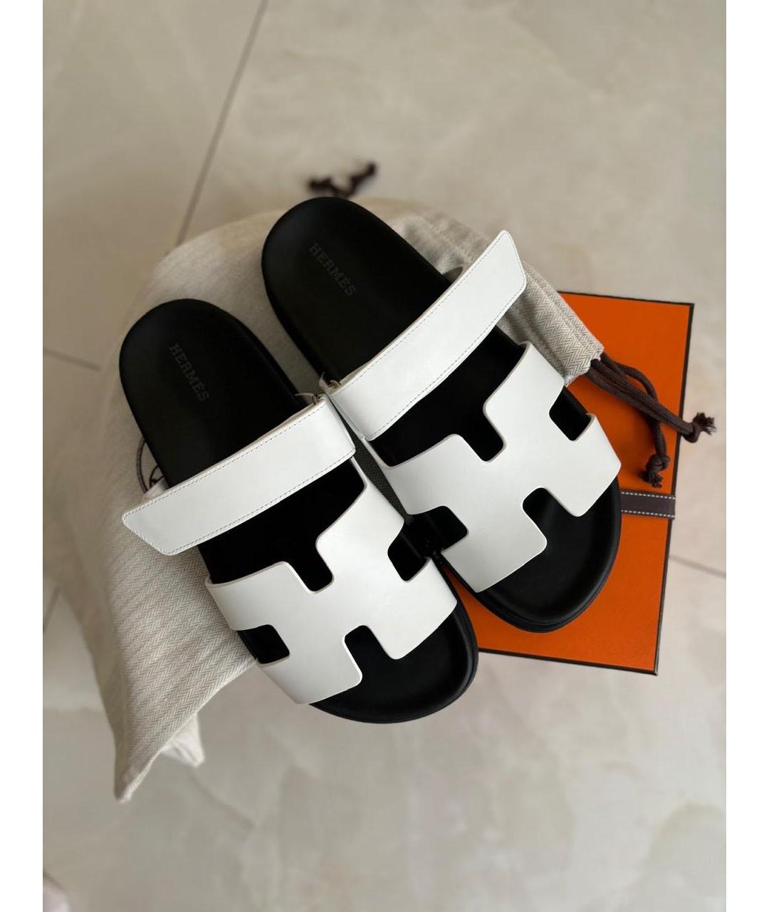 HERMES Белые кожаные шлепанцы, фото 2