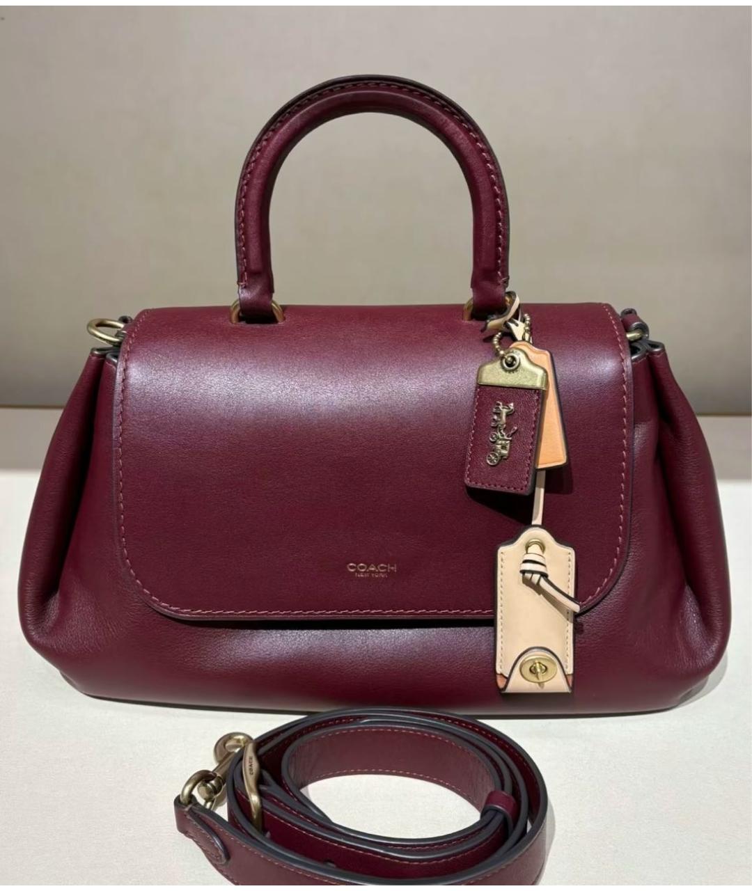 COACH Бордовая кожаная сумка с короткими ручками, фото 7