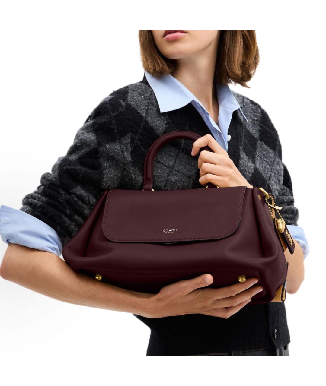 COACH Бордовая кожаная сумка с короткими ручками, фото 6