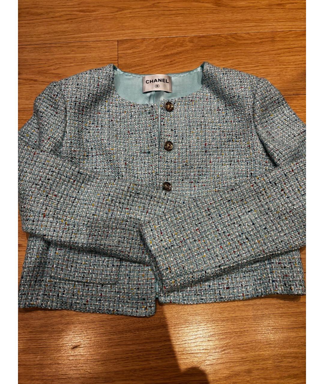 CHANEL Бирюзовый твидовый жакет/пиджак, фото 2