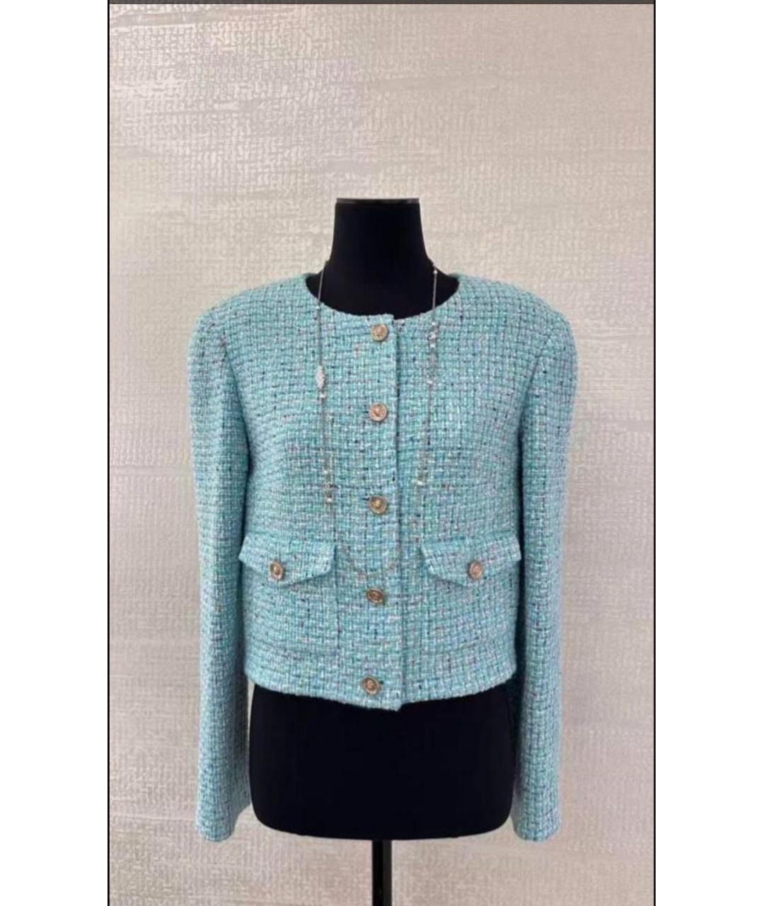 CHANEL Бирюзовый твидовый жакет/пиджак, фото 6