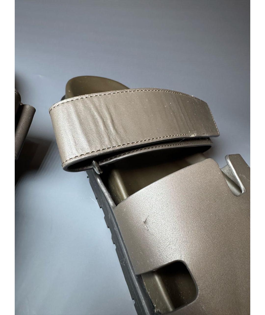 HERMES Хаки кожаные шлепанцы, фото 7