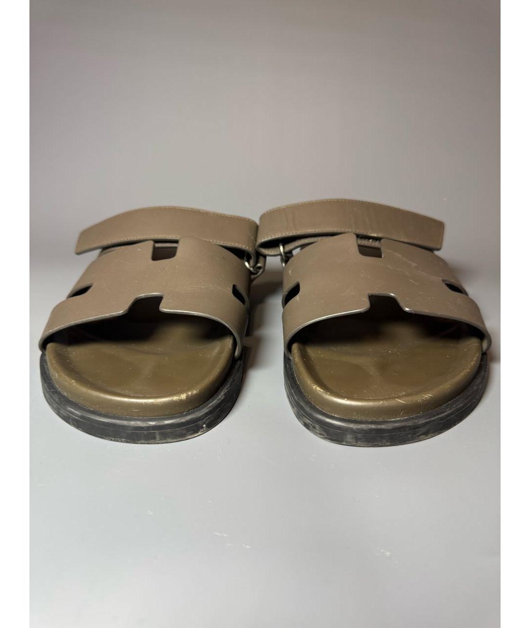 HERMES Хаки кожаные шлепанцы, фото 2