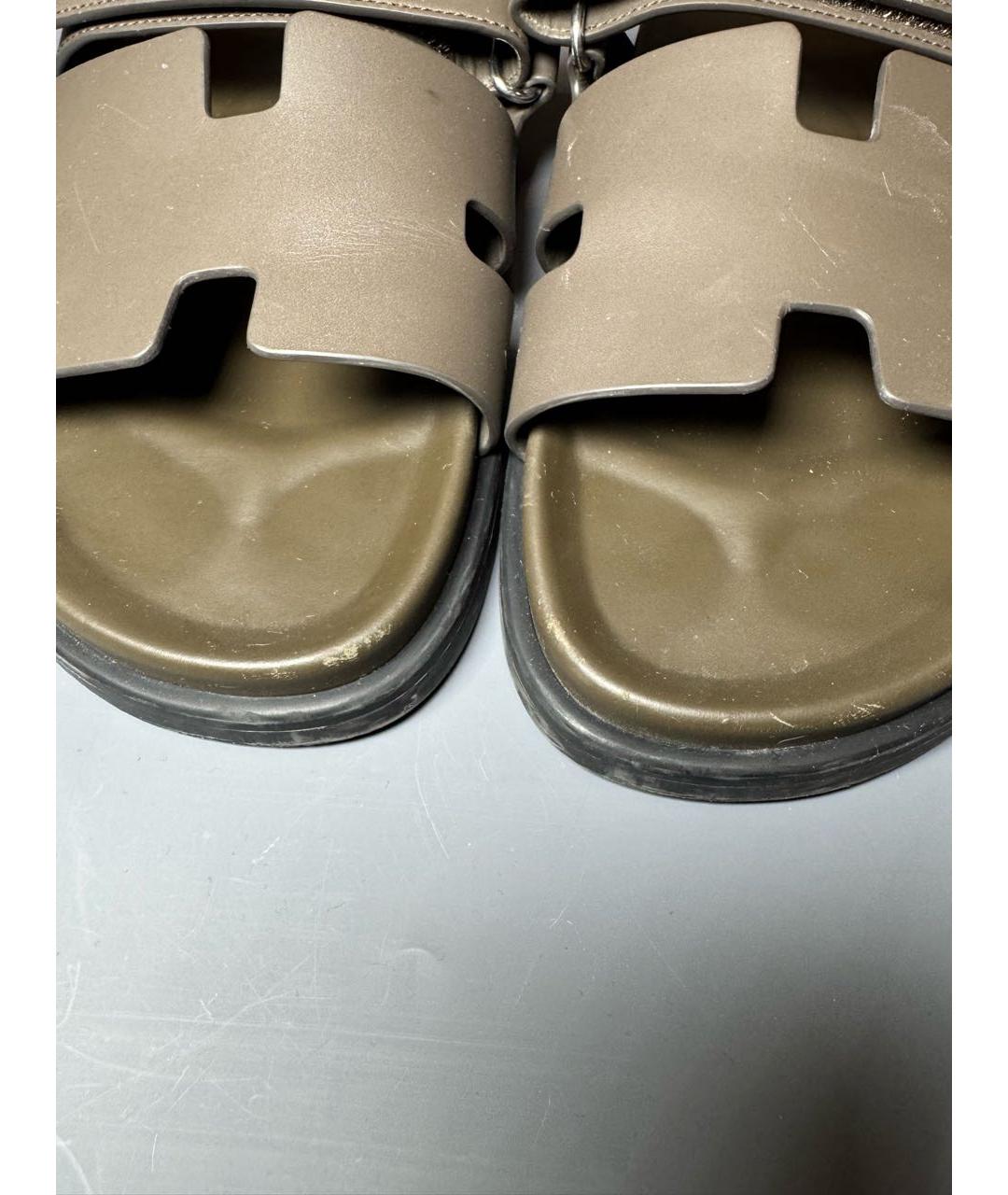 HERMES Хаки кожаные шлепанцы, фото 6