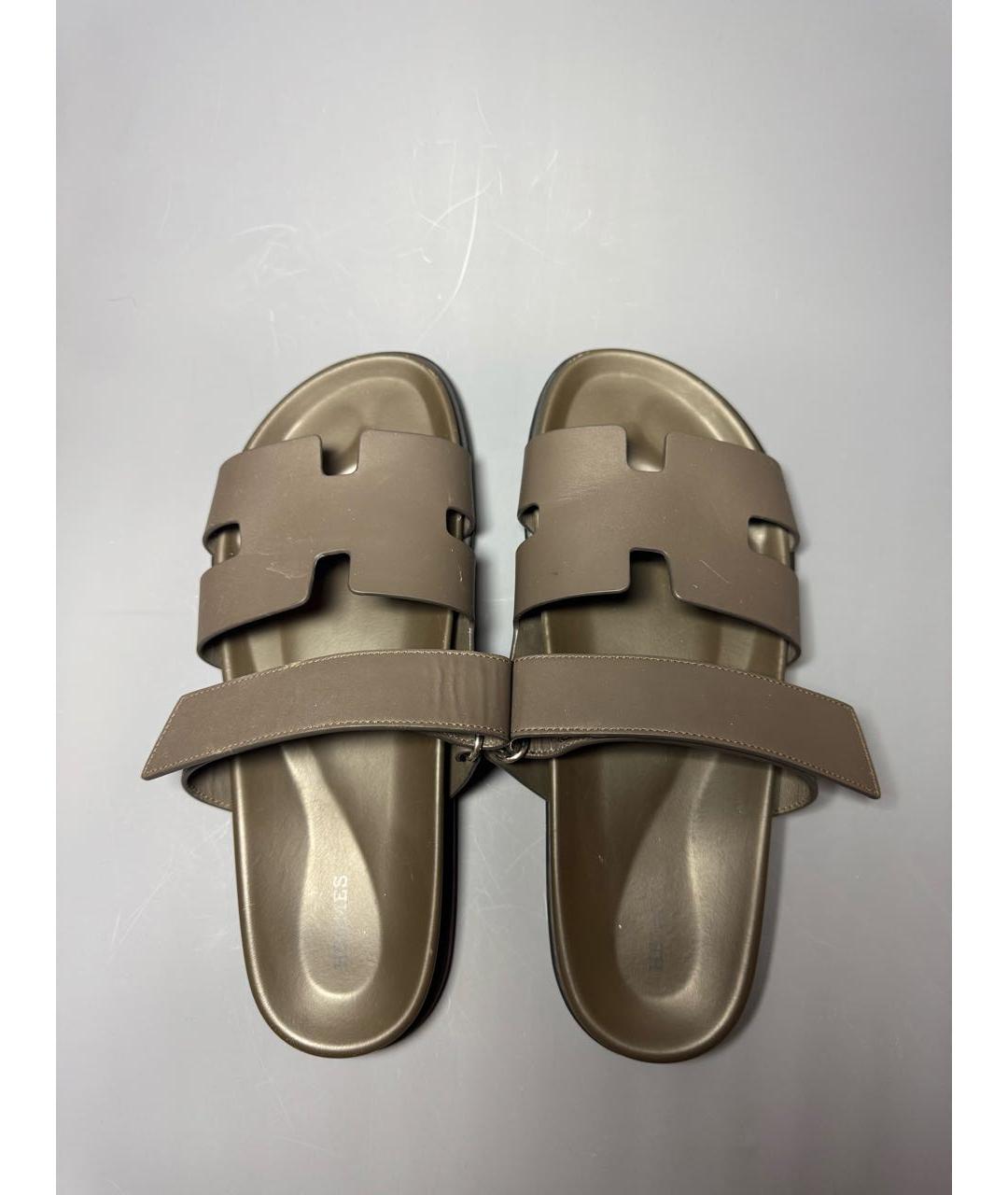 HERMES Хаки кожаные шлепанцы, фото 3
