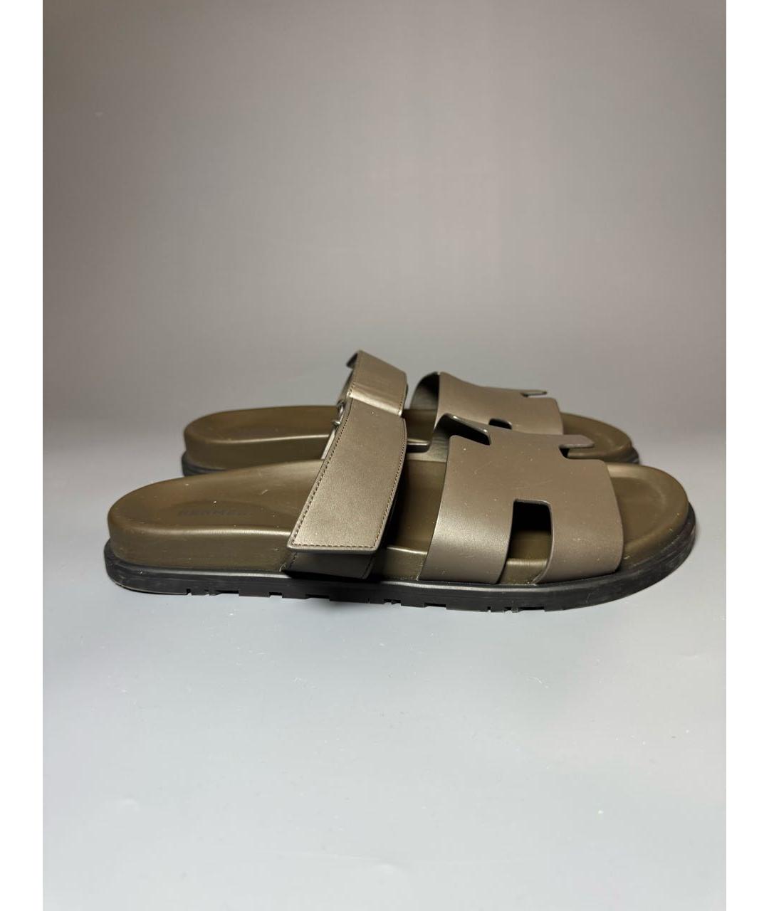 HERMES Хаки кожаные шлепанцы, фото 8
