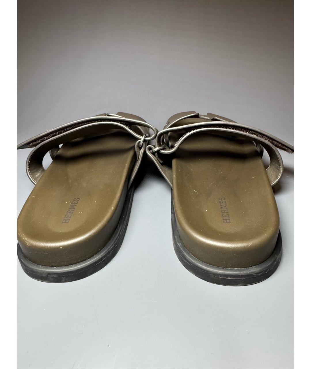 HERMES Хаки кожаные шлепанцы, фото 4