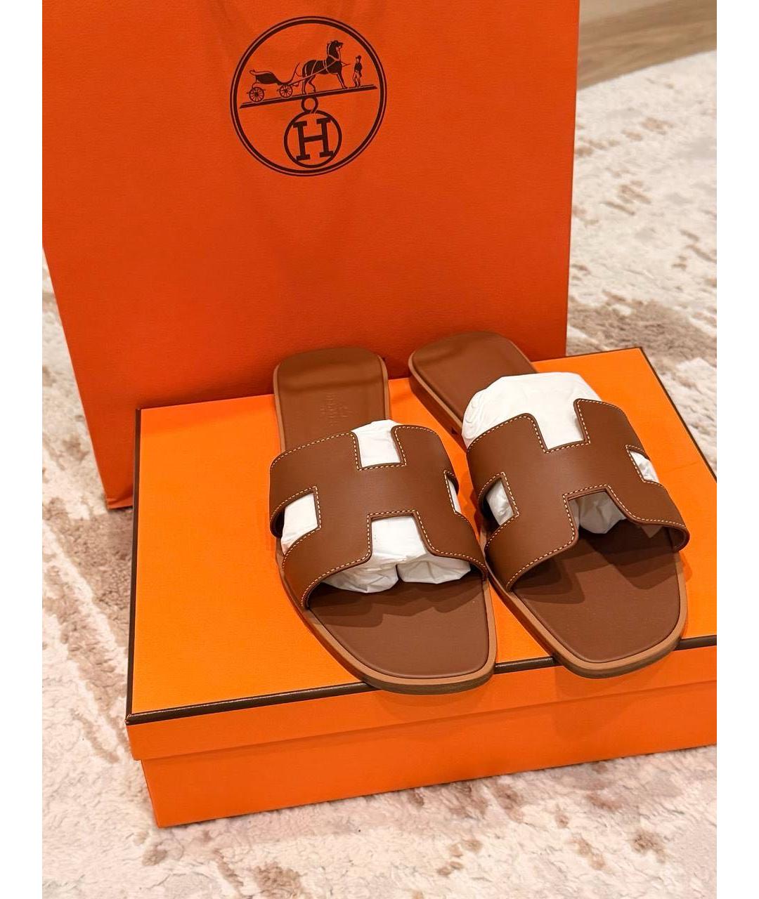 HERMES Коричневые кожаные шлепанцы, фото 2