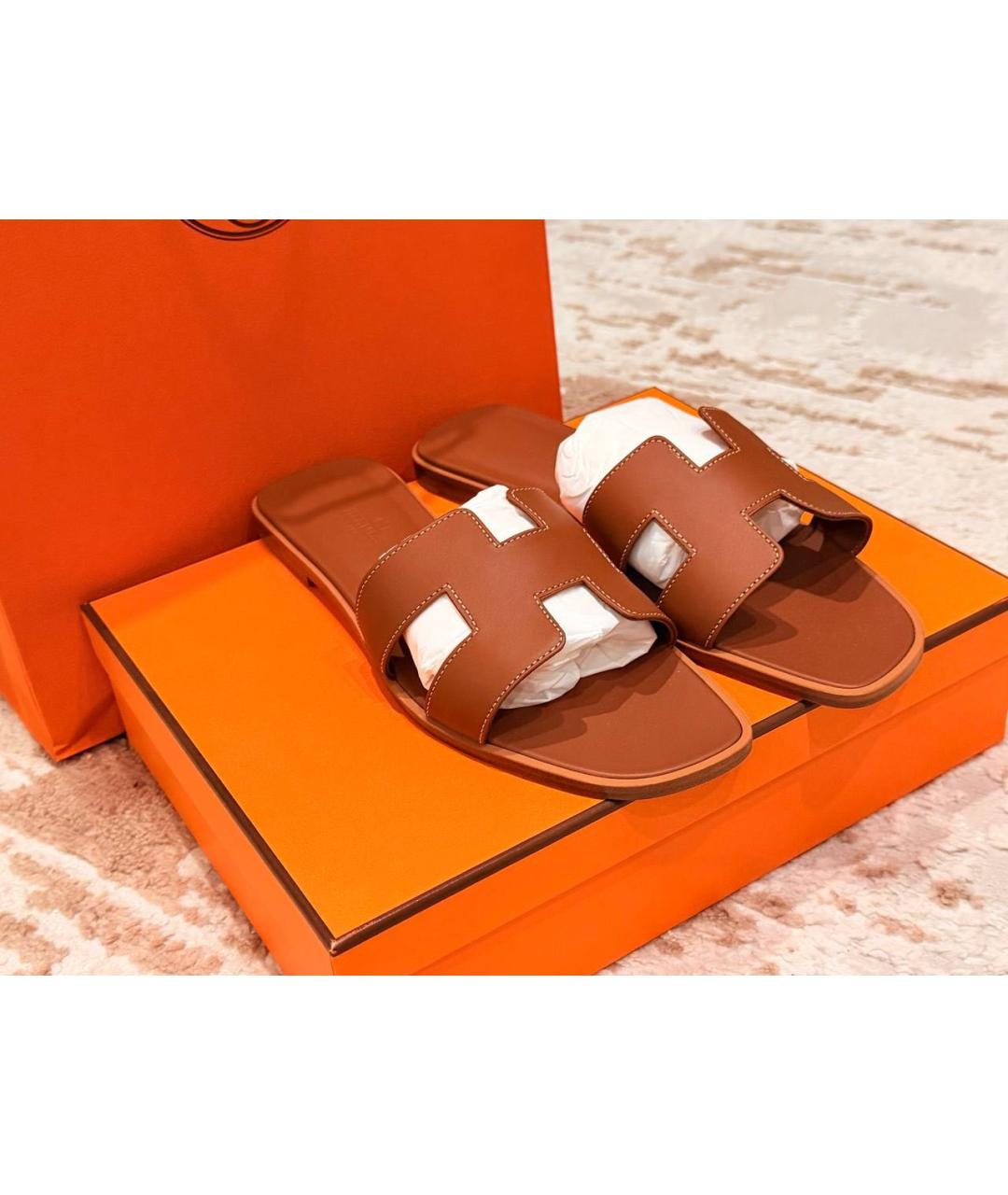HERMES Коричневые кожаные шлепанцы, фото 3