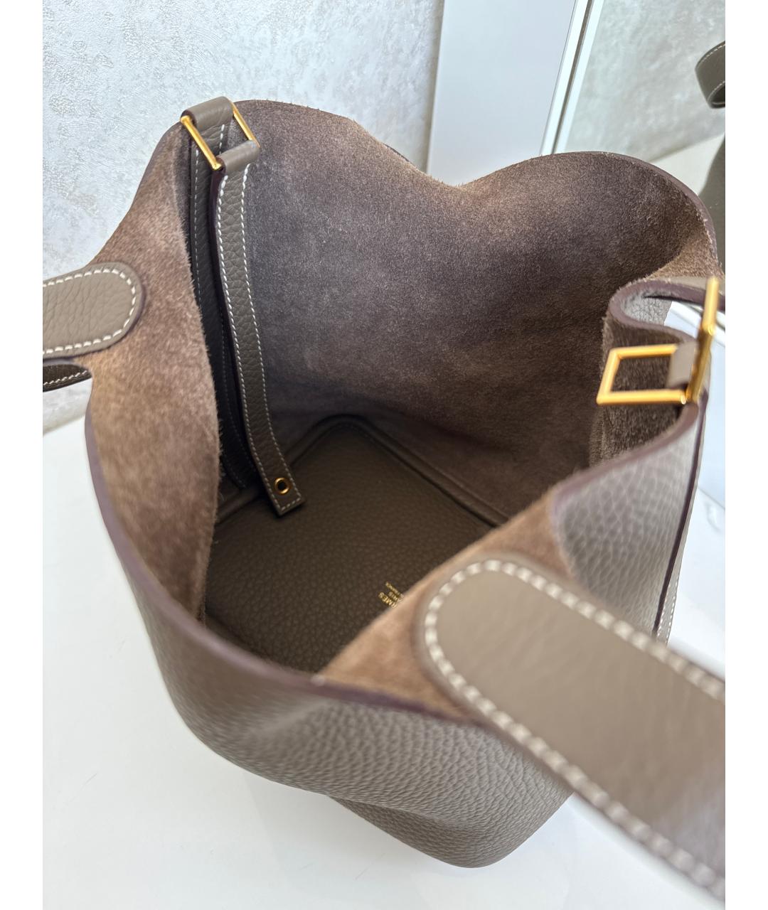 HERMES Серая кожаная сумка с короткими ручками, фото 4