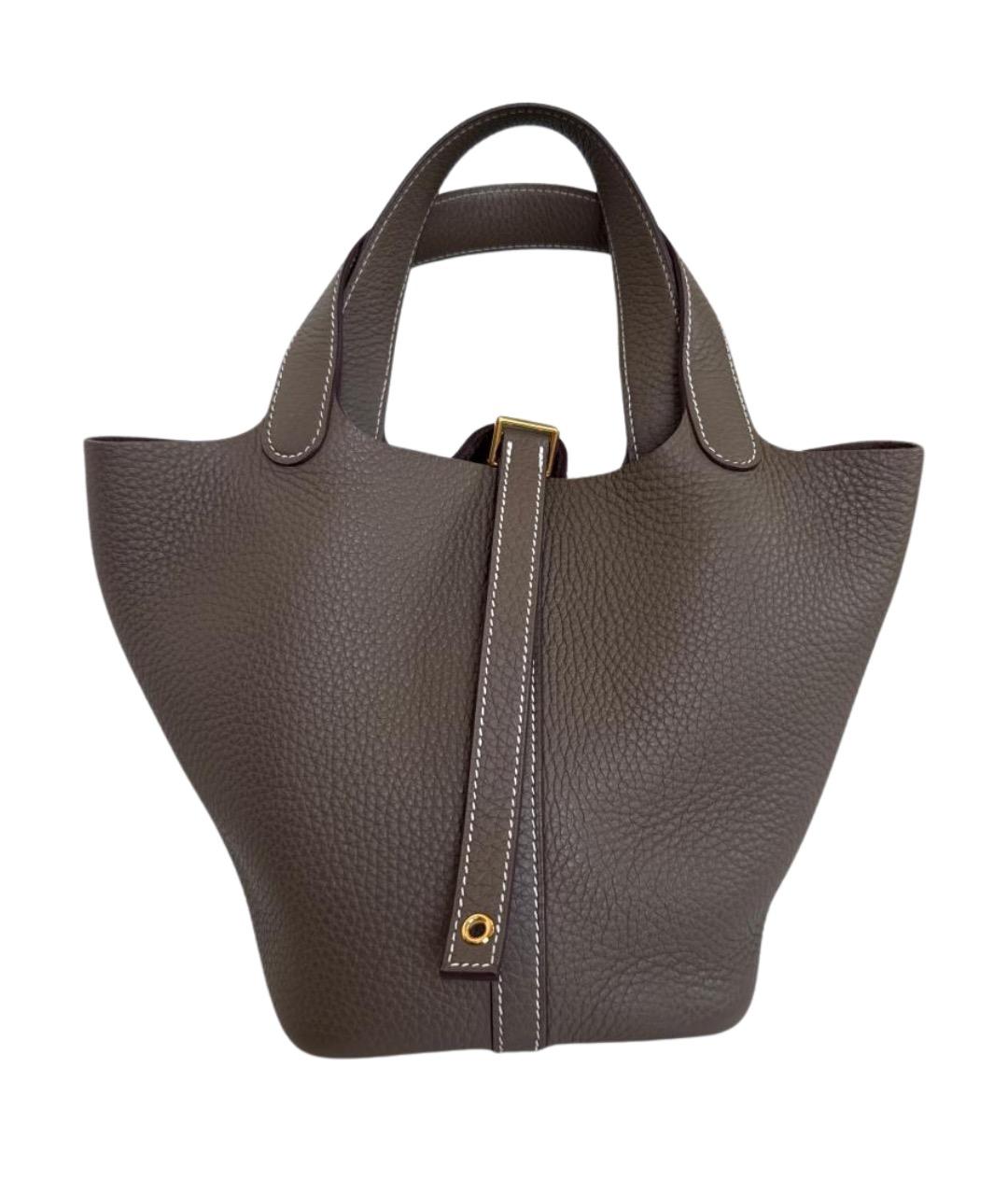 HERMES Серая кожаная сумка с короткими ручками, фото 1