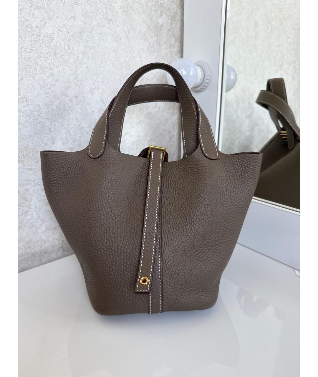 HERMES Серая кожаная сумка с короткими ручками, фото 5