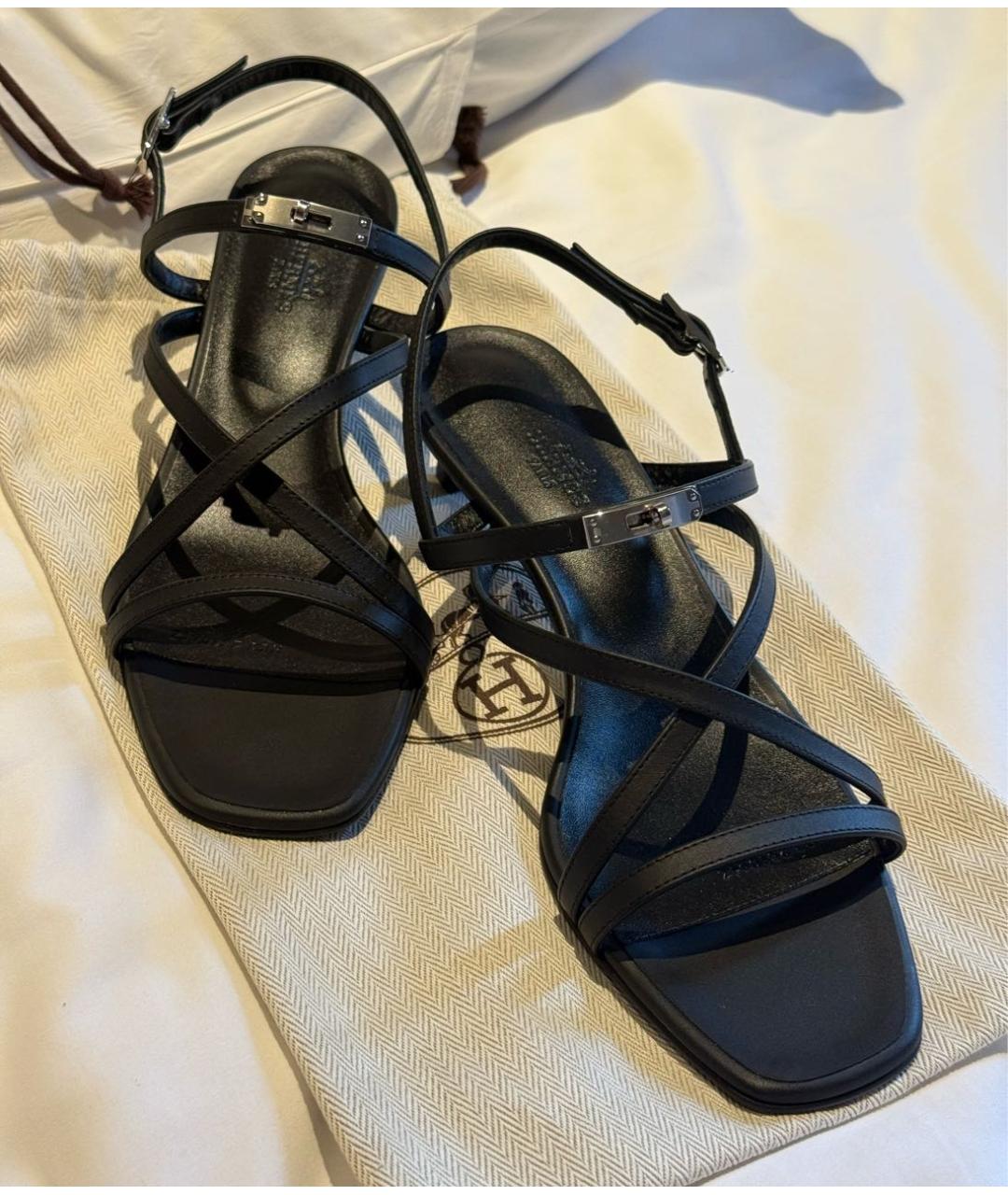 HERMES Черные кожаные босоножки, фото 6