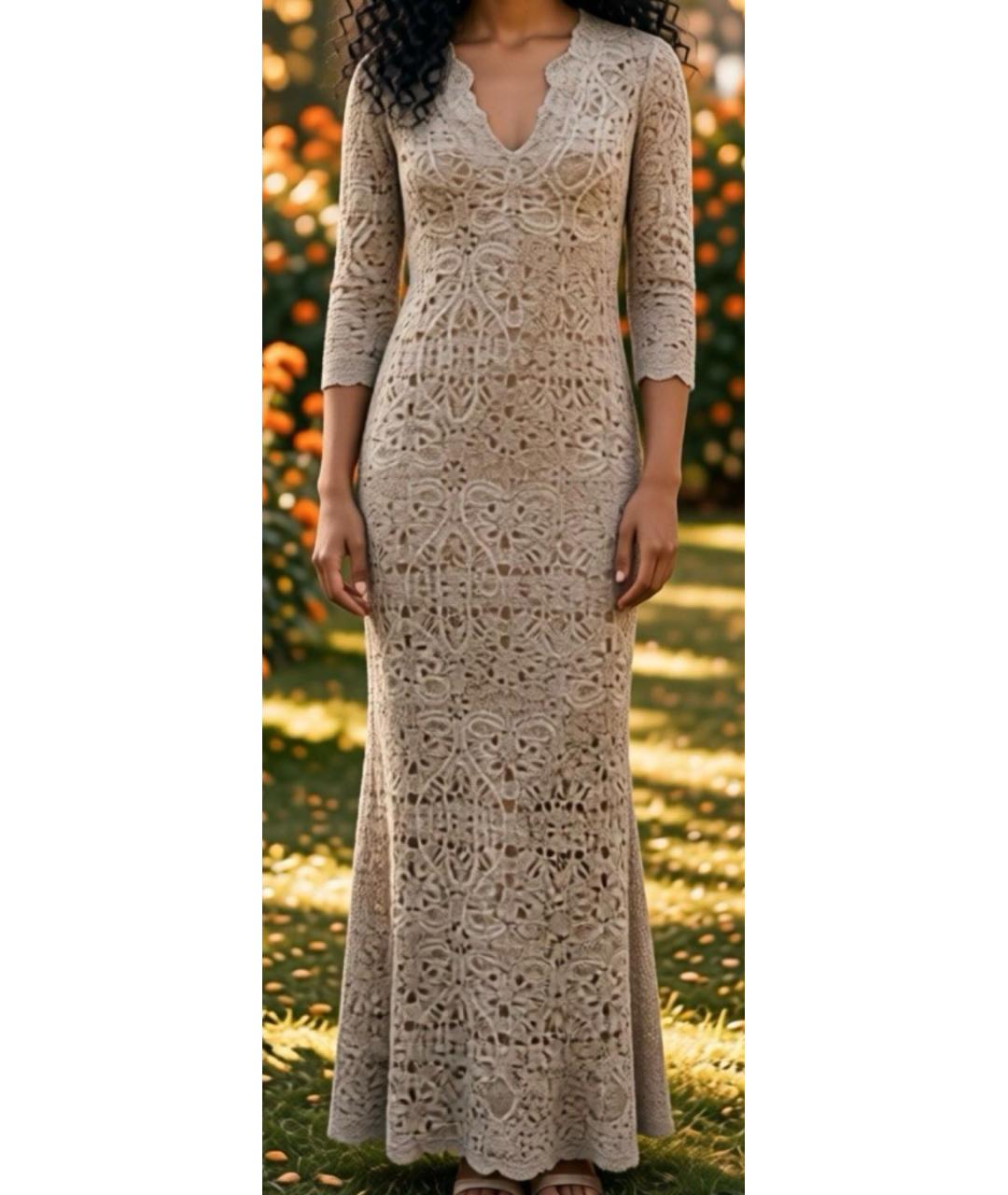 OSCAR DE LA RENTA Бежевое кружевное вечернее платье, фото 6