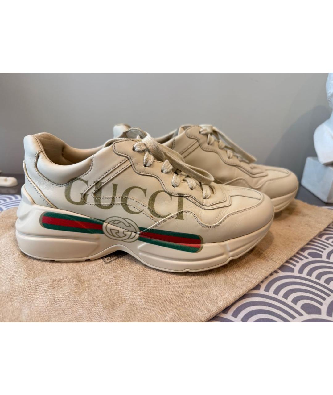 GUCCI Бежевые кожаные кроссовки, фото 8