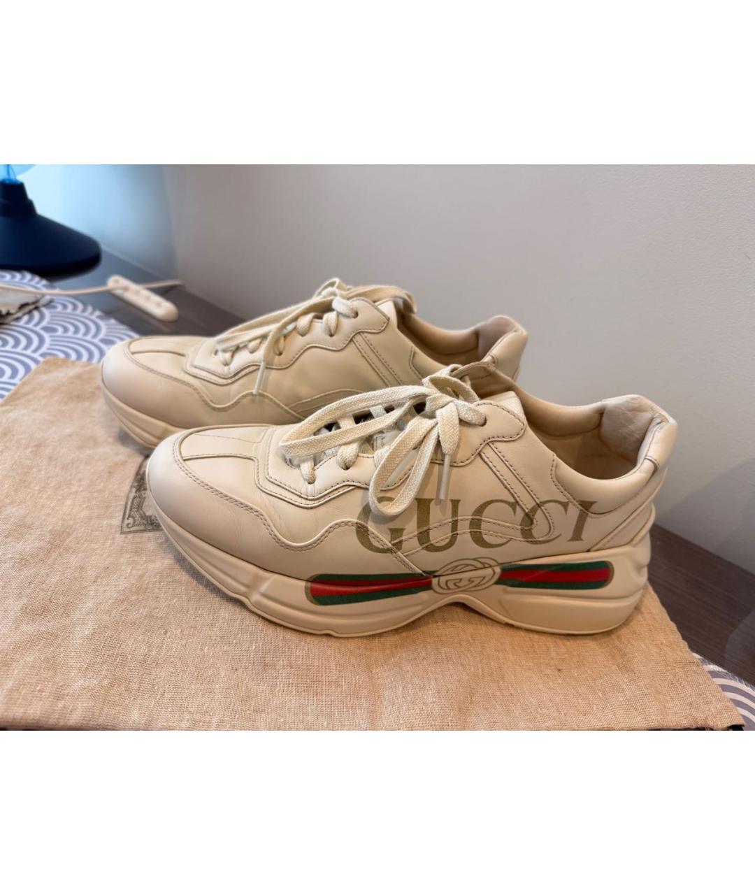 GUCCI Бежевые кожаные кроссовки, фото 6