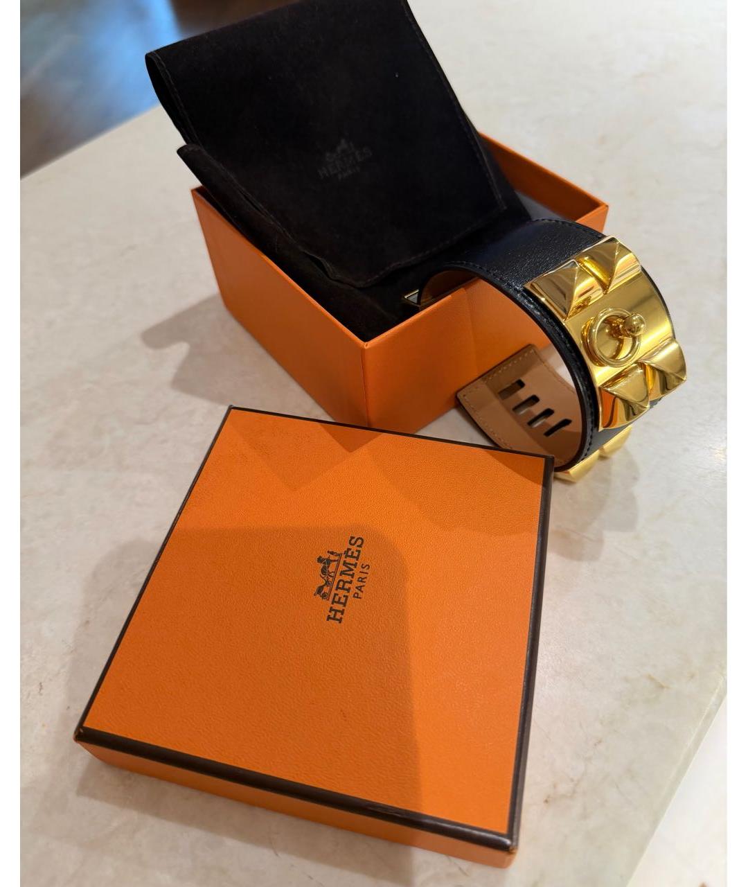 HERMES Черный кожаный браслет, фото 3