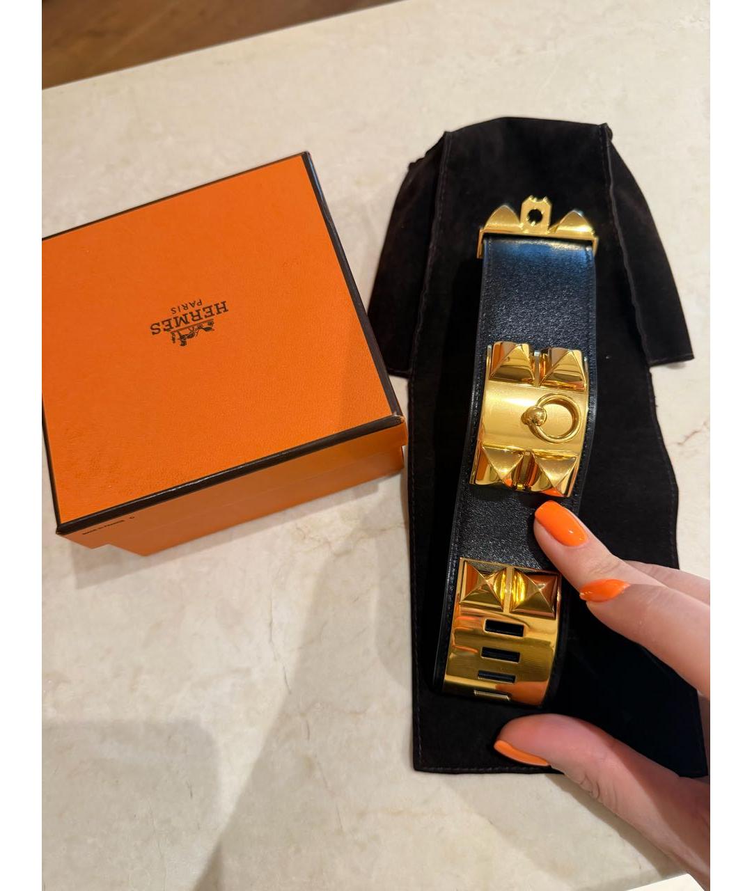 HERMES Черный кожаный браслет, фото 8