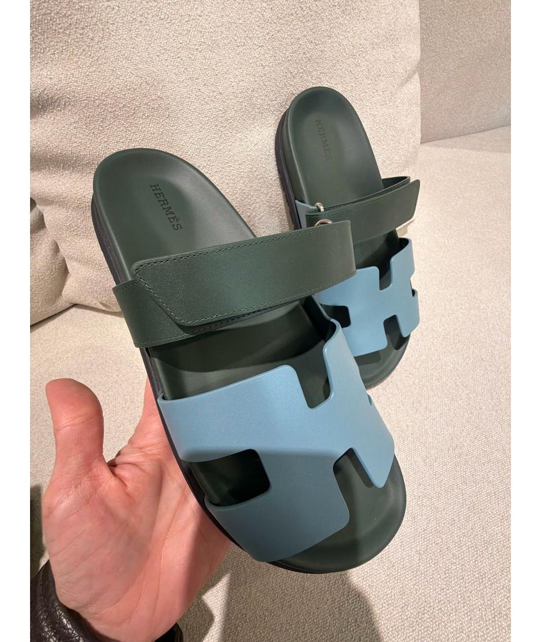 HERMES Голубые кожаные шлепанцы, фото 3