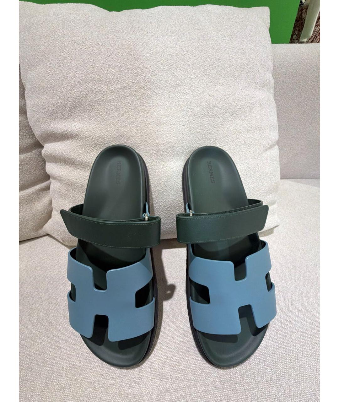 HERMES Голубые кожаные шлепанцы, фото 2