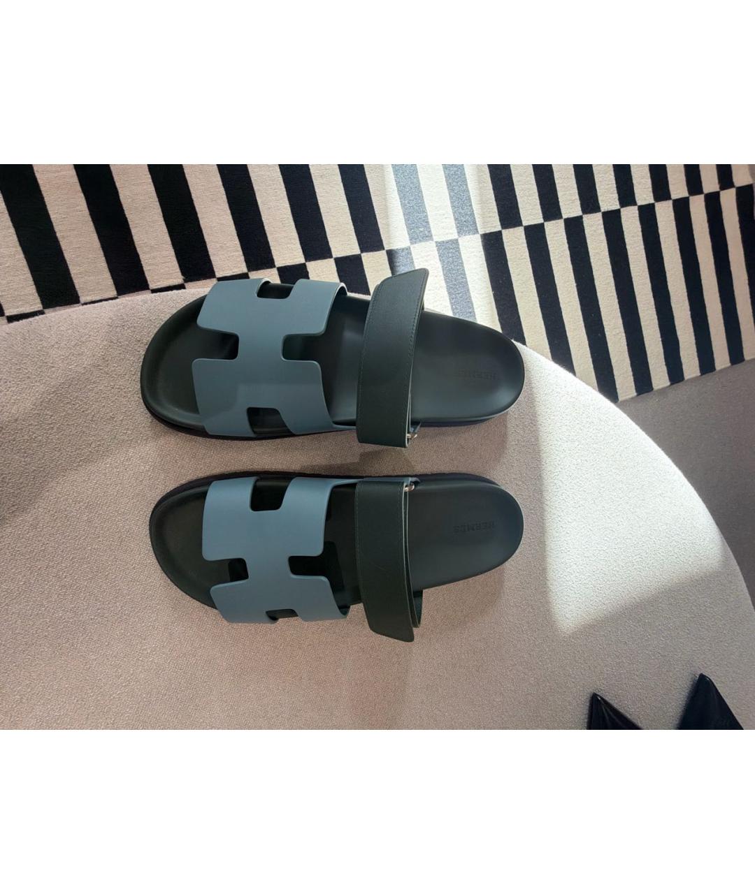 HERMES Голубые кожаные шлепанцы, фото 5