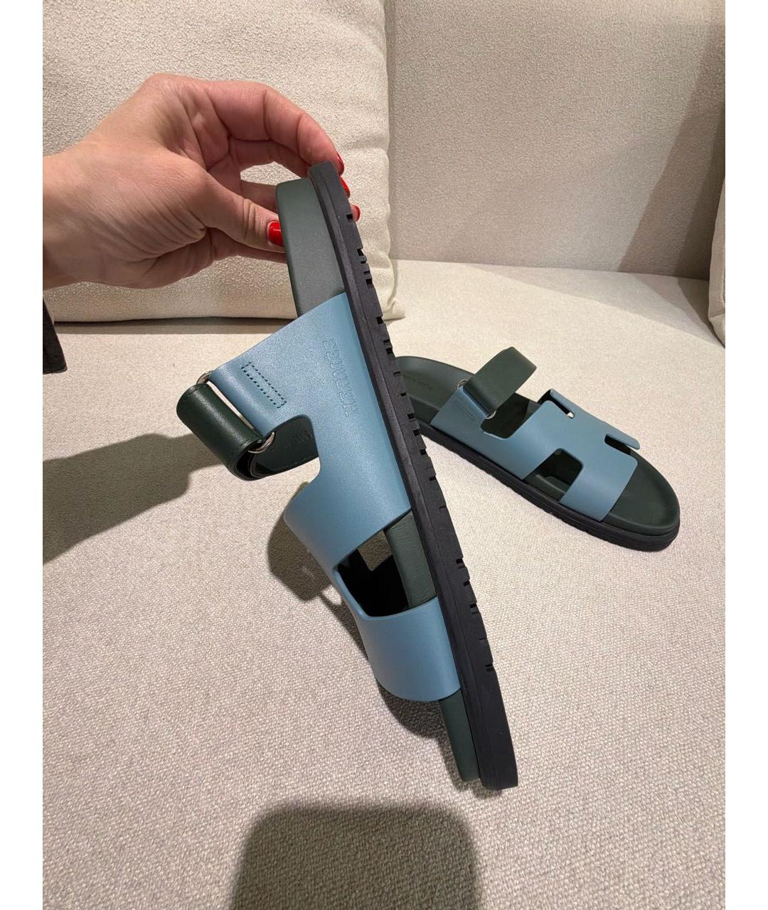 HERMES Голубые кожаные шлепанцы, фото 4