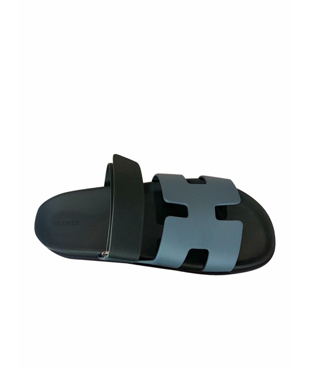 HERMES Голубые кожаные шлепанцы, фото 1