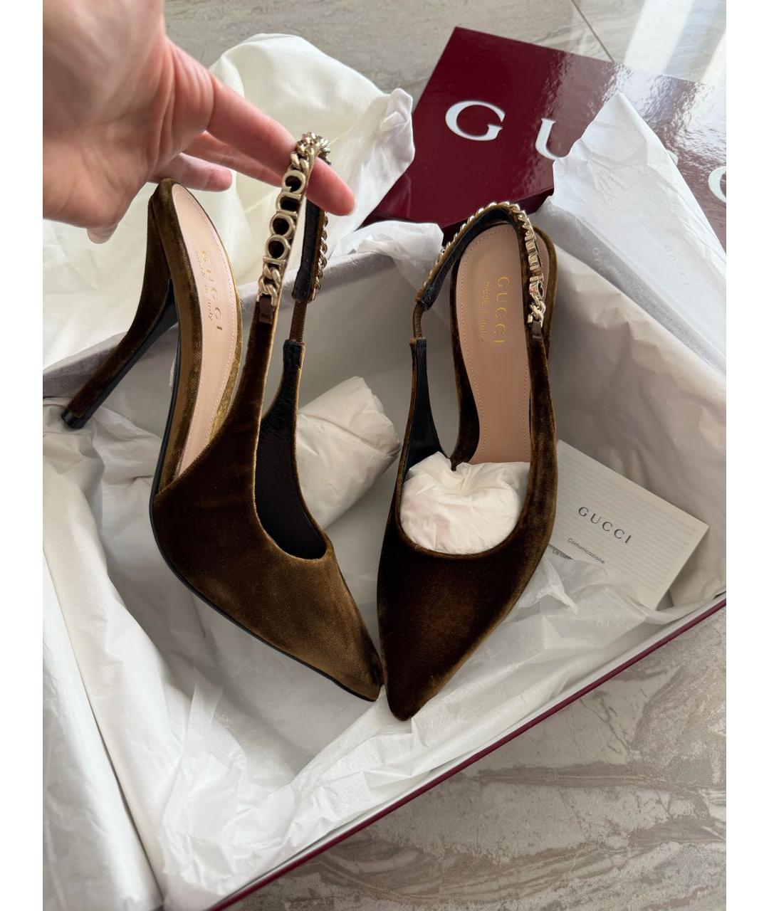 GUCCI Коричневые бархатные туфли, фото 2