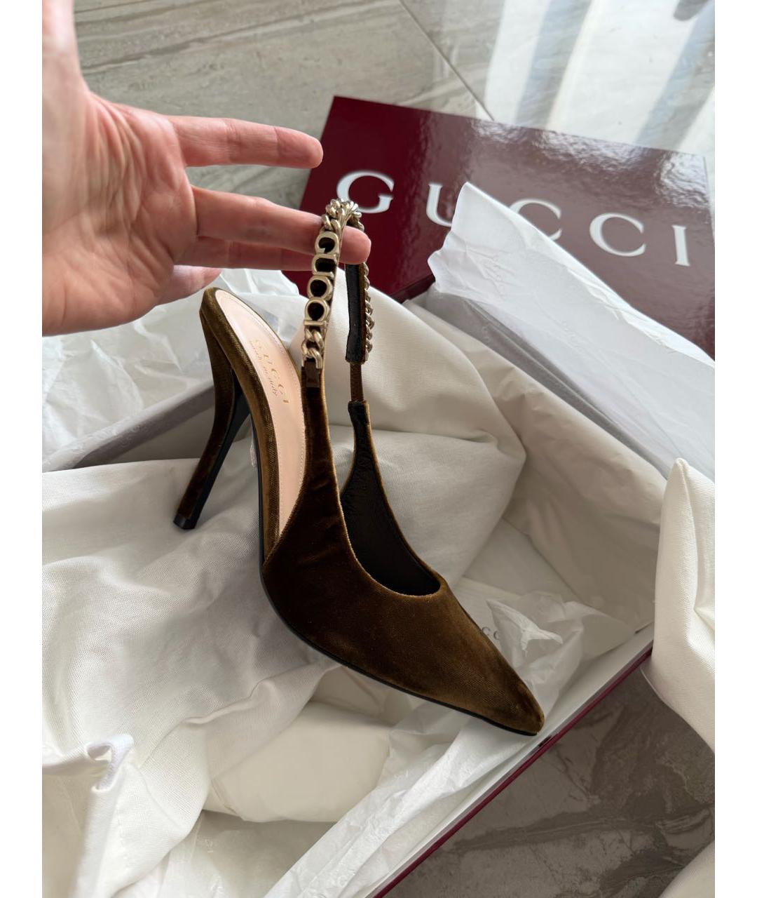 GUCCI Коричневые бархатные туфли, фото 3