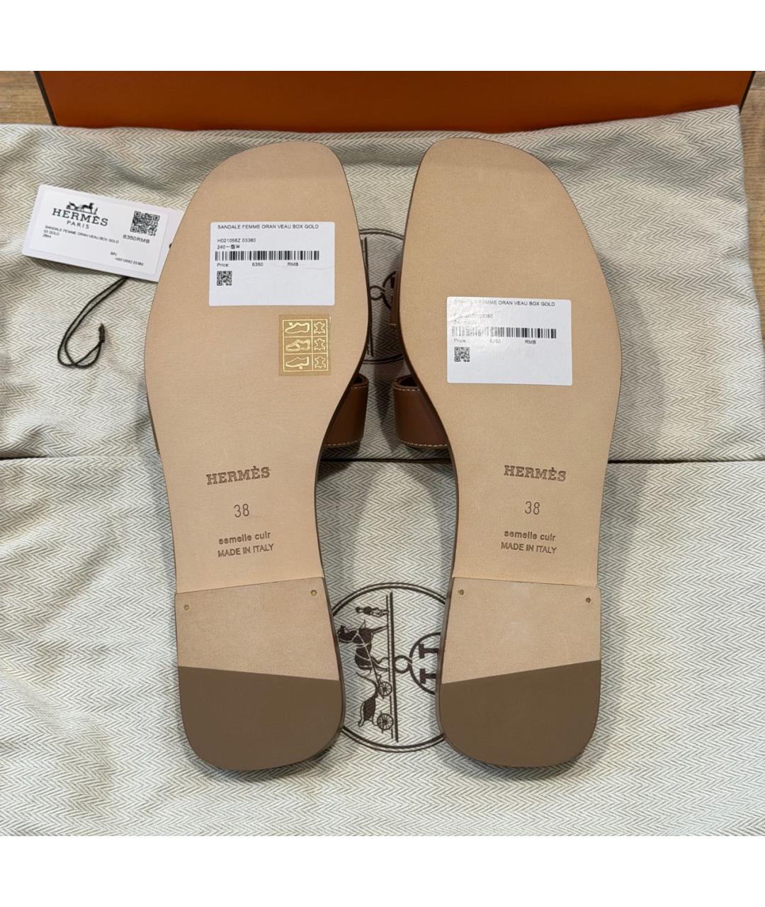HERMES Коричневые кожаные шлепанцы, фото 6
