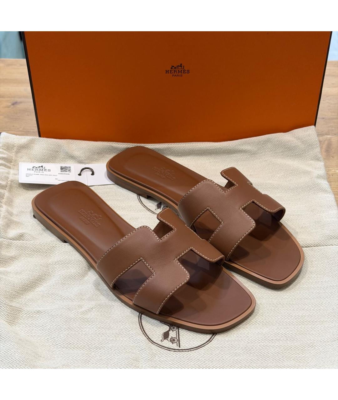 HERMES Коричневые кожаные шлепанцы, фото 5