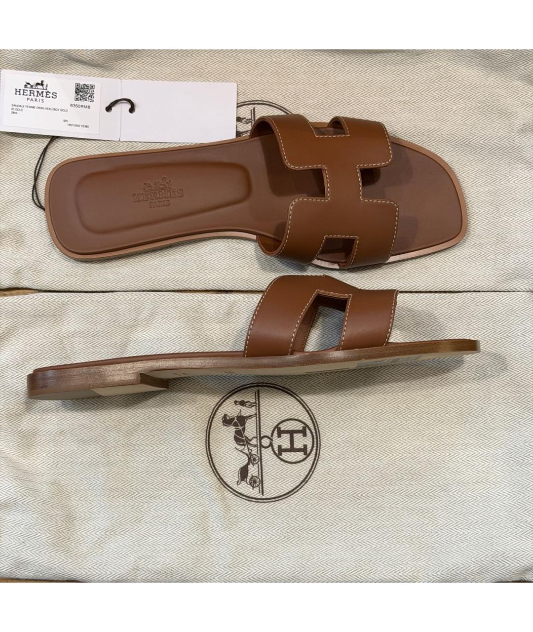 HERMES Коричневые кожаные шлепанцы, фото 7