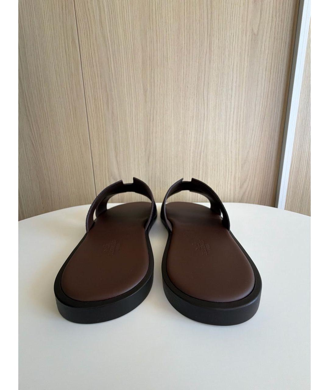 HERMES Коричневые кожаные шлепанцы, фото 4