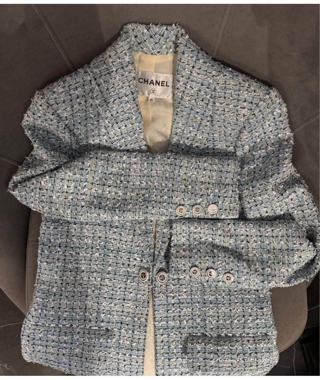 CHANEL Голубой твидовый жакет/пиджак, фото 3