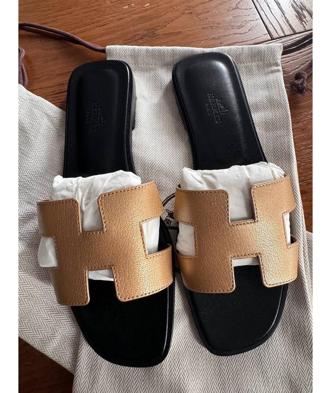 HERMES Золотые кожаные шлепанцы, фото 3